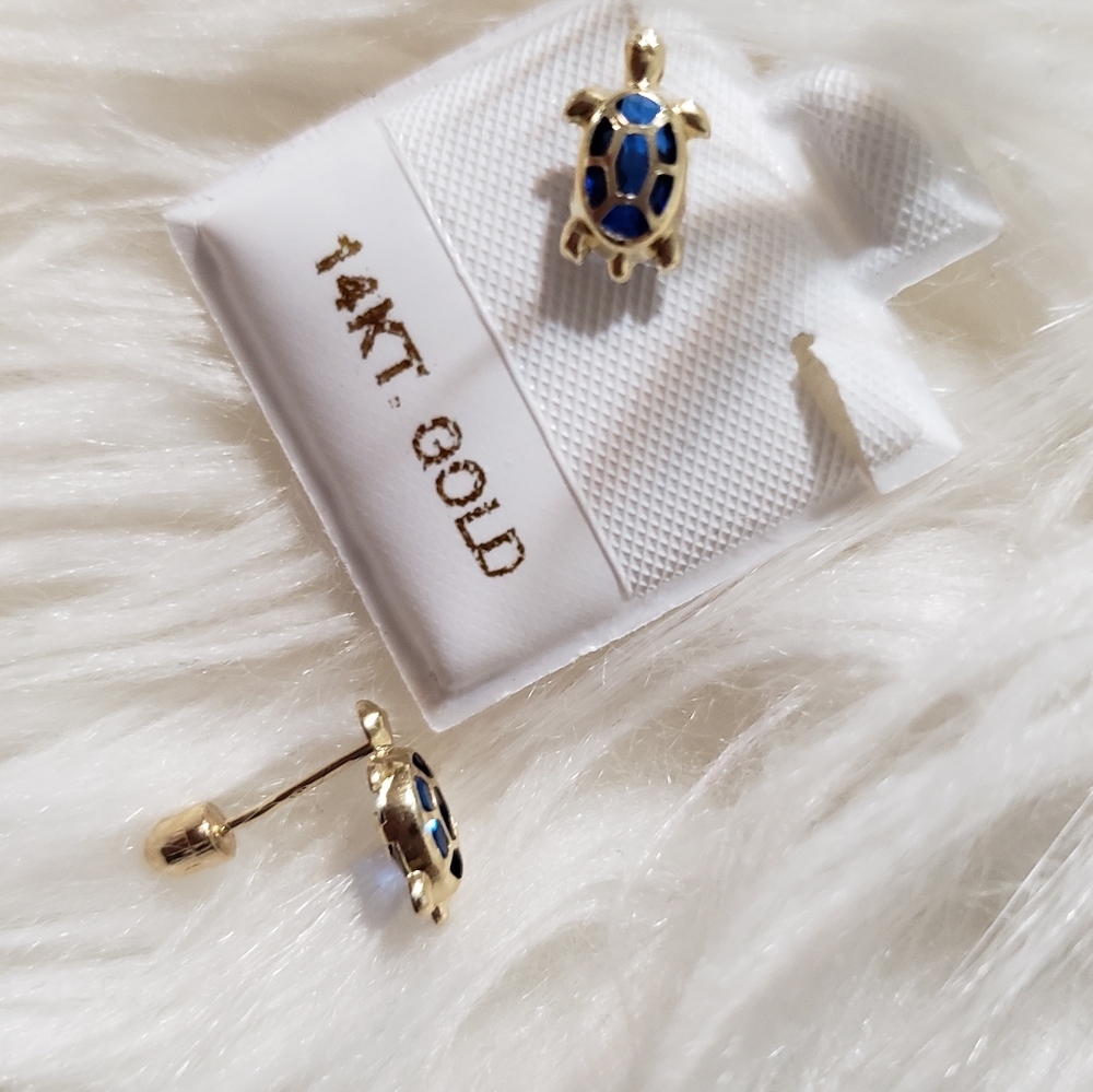 14k Yellow Gold, Blue Turtle Earrings